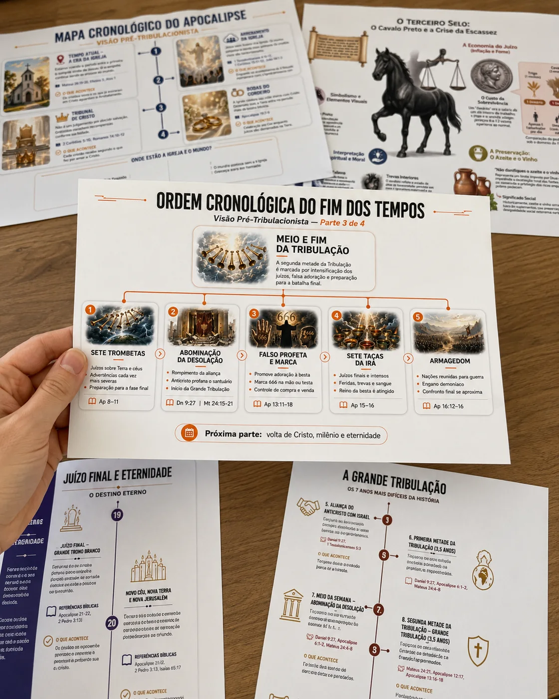 Mapas cronológicos e infográficos impressos do material Apocalipse Sem Mistérios